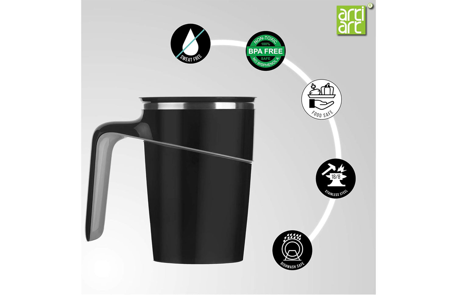 Artiart Grace Spill Proof Mug 470ml-Black (Set of 2)